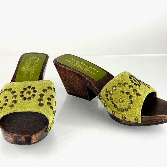 Wood Clogs Donald J Pliner Western Couture Green Suede Studded sz 5 - Picture 2 of 10